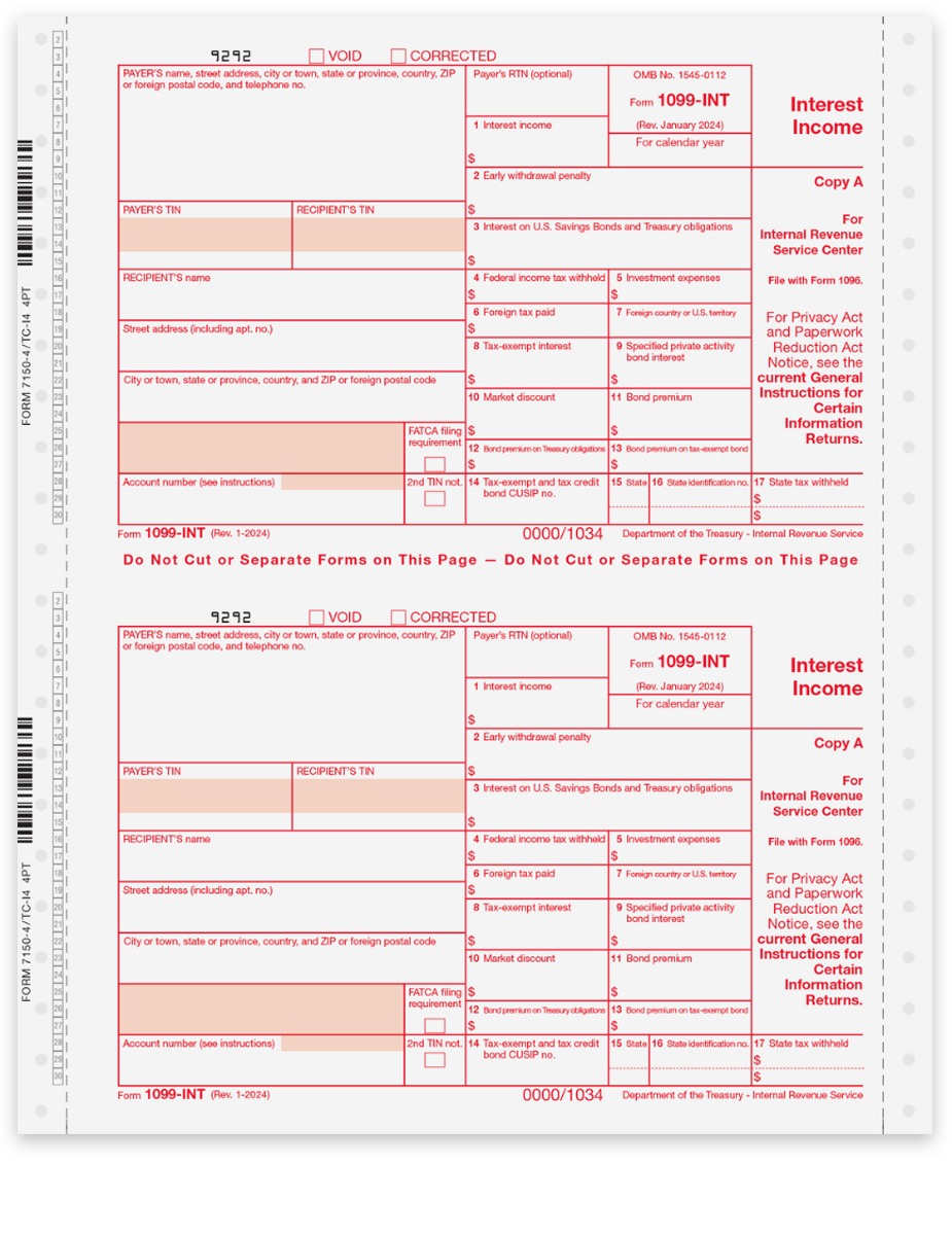 Order 1099-INT Tax Forms, Carbonless Continuous 4-part format, Official 1099INT forms, envelopes and e-filing at big discounts, no coupon needed - DiscountTaxForms.com