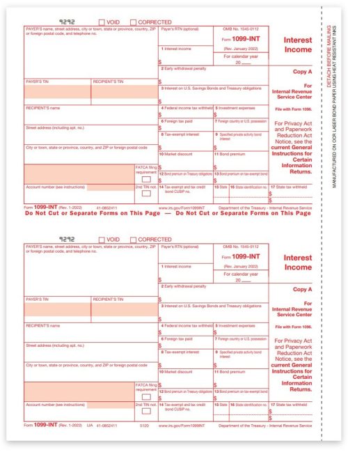 1099INT Tax Forms for 2022, Interest Income Reporting, Payer Copy A for IRS Federal Filing with 1096 Forms - DiscountTaxForms.com