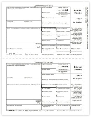 1099INT Tax Forms for 2022, Recipient Copy B, Official Preprinted 1099-INT Forms - DiscountTaxForms.com