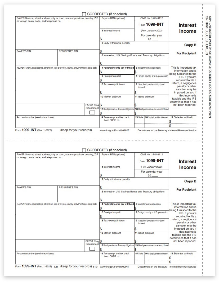 1099INT Tax Forms 2022 Recipient Copy B DiscountTaxForms