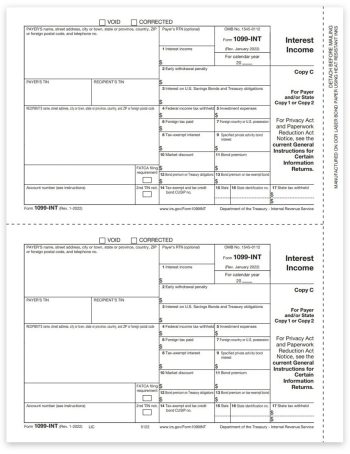 1099INT Tax Forms for 2022, Payer Copy C, Official Preprinted 1099-INT Forms - DiscountTaxForms.com