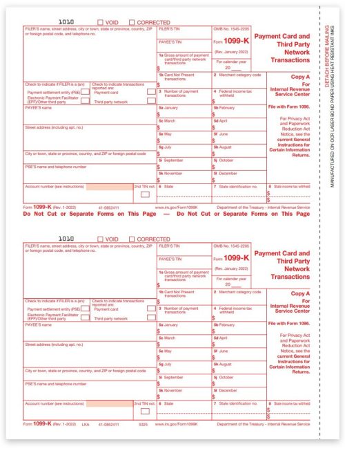 1099K Tax Forms for 2022, Red Copy A for IRS, Official 1099-K Forms for Payment Cards and Third Party Transactions - DiscountTaxForms.com