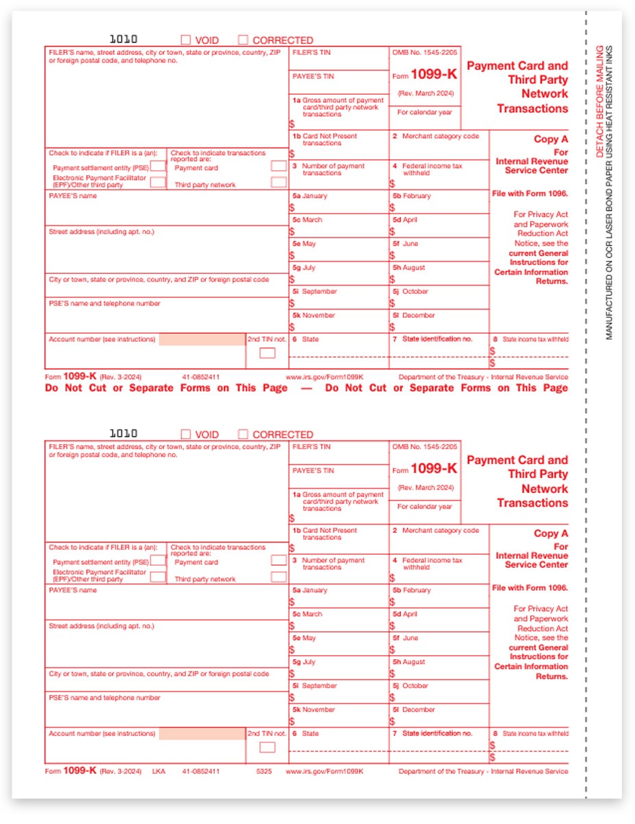 1099K Tax Forms Copy A for IRS, Official 1099-K Forms for Payment Cards and Third Party Transactions and E-Filing Options - DiscountTaxForms.com