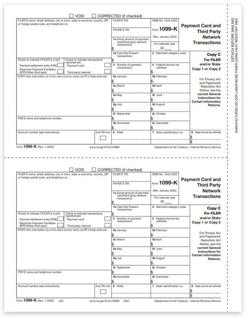 1099K Tax Forms for 2022, Copy C for Filer or State, Official 1099-K Forms for Payment Cards and Third Party Transactions - DiscountTaxForms.com