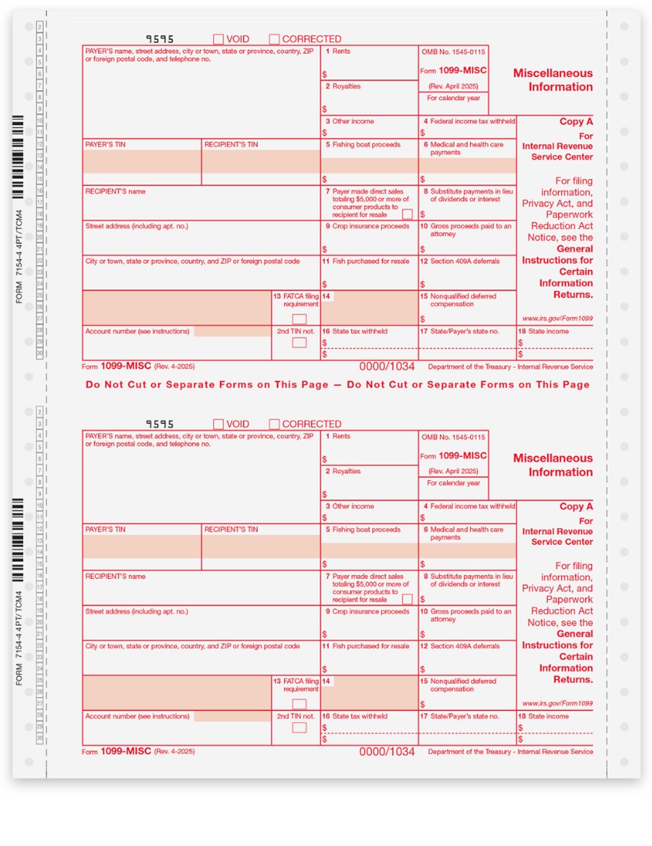 Order 1099MISC Carbonless Continuous Tax Forms, 3-, 4- or 5-Part Forms for Pin-Fed Printers, Official IRS 1099MISC Forms for Federal Miscellaneous Income Reporting - DiscountTaxForms.com