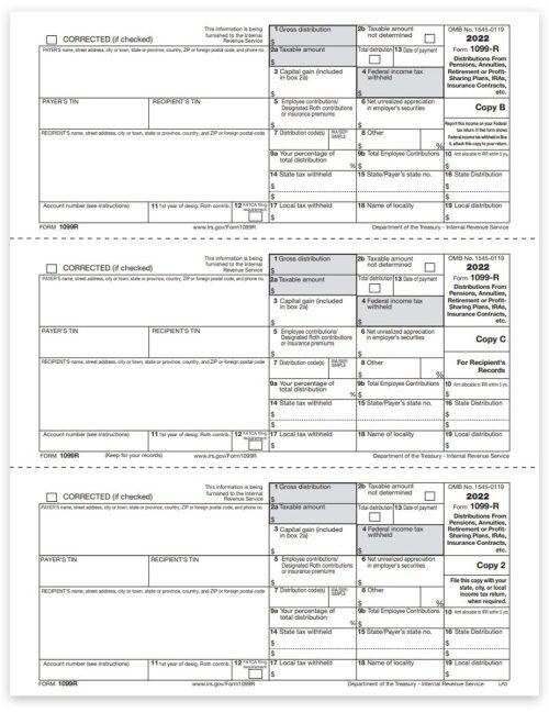 1099R Tax Forms for 2022, Copy B-C-2 3up Recipient Federal, State & File Copy, Official Preprinted 1099-R Forms - DiscountTaxForms.com