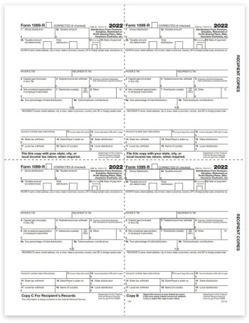 1099R Tax Forms for 2022, Copy B-C-2-2 4up Recipient Federal, State, City & File Copy, Official Preprinted 1099-R Forms - DiscountTaxForms.com