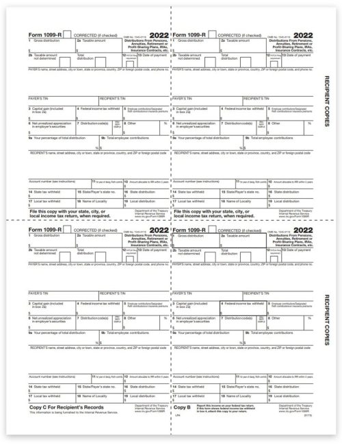 1099R Tax Forms for 2022, Copy B-C-2-2 4up Recipient Federal, State, City & File Copy, Official Preprinted 1099-R Forms - DiscountTaxForms.com