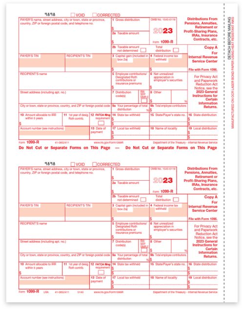 1099R Tax Forms for 2023, Copy A IRS Federal Filing, Official Red-Scannable 1099-R Forms, New Efile Rules May Apply - DiscountTaxForms.com