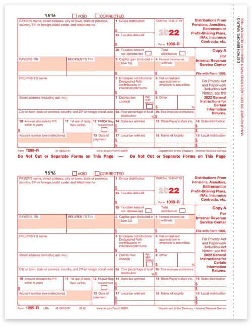 1099R Tax Forms for 2022, Copy A IRS Federal Filing, Official Red-Scannable 1099-R Forms - DiscountTaxForms.com