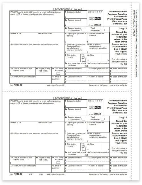 1099R Tax Forms for 2022, Copy B Recipient Federal Filing, Official Preprinted 1099-R Forms - DiscountTaxForms.com