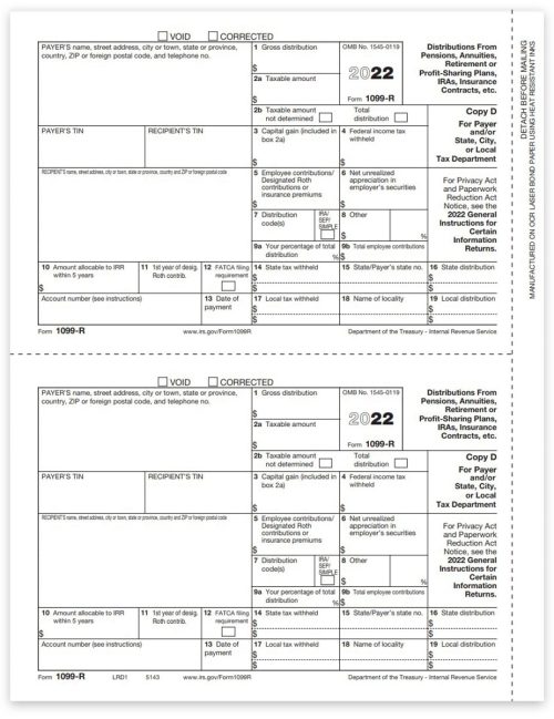 1099R Tax Forms for 2022, Copy D-1 Payer State or File, Official Preprinted 1099-R Forms - DiscountTaxForms.com