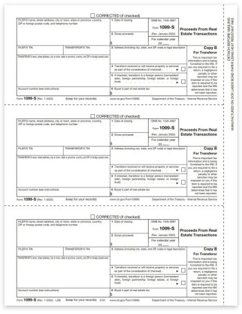 1099S Tax Forms for 2022. Official Transferor Copy B 1099-S Forms for Proceeds from Real Estate Transactions - DiscountTaxForms.com