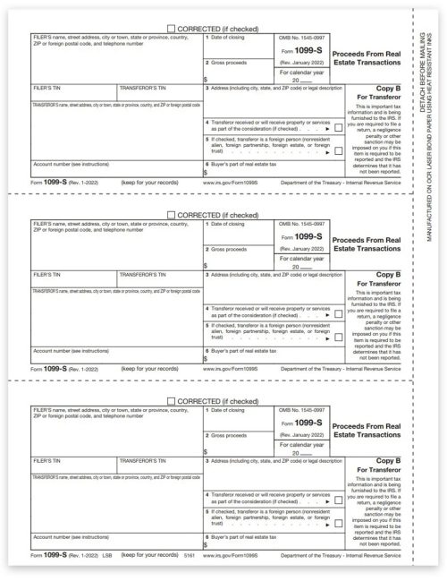 1099S Tax Forms for 2022. Official Transferor Copy B 1099-S Forms for Proceeds from Real Estate Transactions - DiscountTaxForms.com