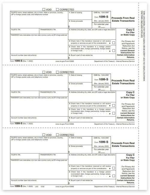 1099S Tax Forms for 2022. Official Filer or State Copy C 1099-S Forms for Proceeds from Real Estate Transactions - DiscountTaxForms.com
