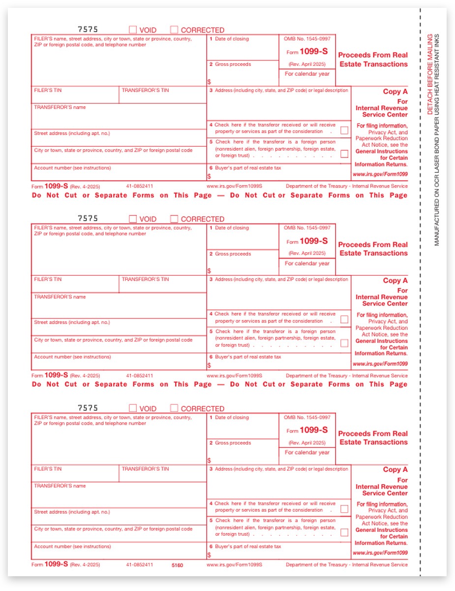 Order 1099S Tax Forms for Proceeds from Real Estate Transactions. Official Red IRS Copy A 1099-S Forms and E-Filing Options at Big Discounts, No Coupon Needed - DiscountTaxForms.com