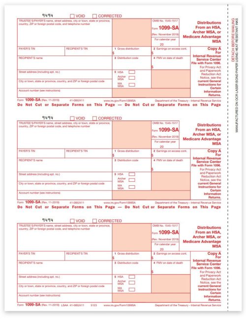 1099SA Tax Forms for 2022. Official IRS Red Copy A 1099-SA Forms for Distributions from HSA or MSA - DiscountTaxForms.com