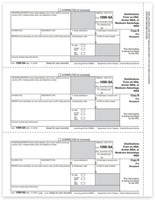 1099SA Tax Forms for 2022. Official Recipient Copy B 1099-SA Forms for Distributions from HSA or MSA - DiscountTaxForms.com