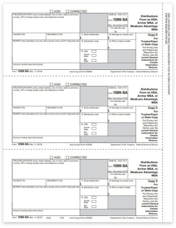 1099SA Tax Forms for 2022. Official Filer or State Copy C 1099-SA Forms for Distributions from HSA or MSA - DiscountTaxForms.com