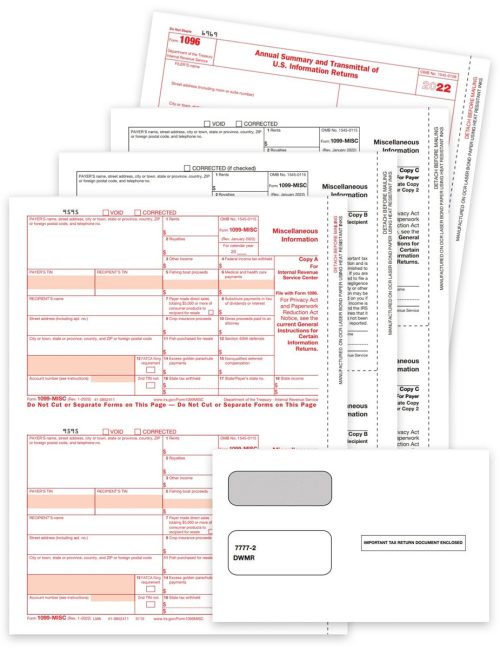 1099MISC Tax Form & Envelope Sets for 2022 with Recipient and Payer Copies, Security Envelopes and 1096 Forms - DiscountTaxForms.com