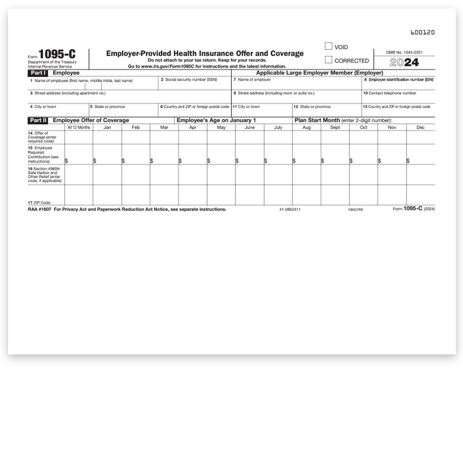 1095C Forms for Employer Provided Health Coverage, Official IRS Half-Sheet Format for 2024 - DiscountTaxForms.com