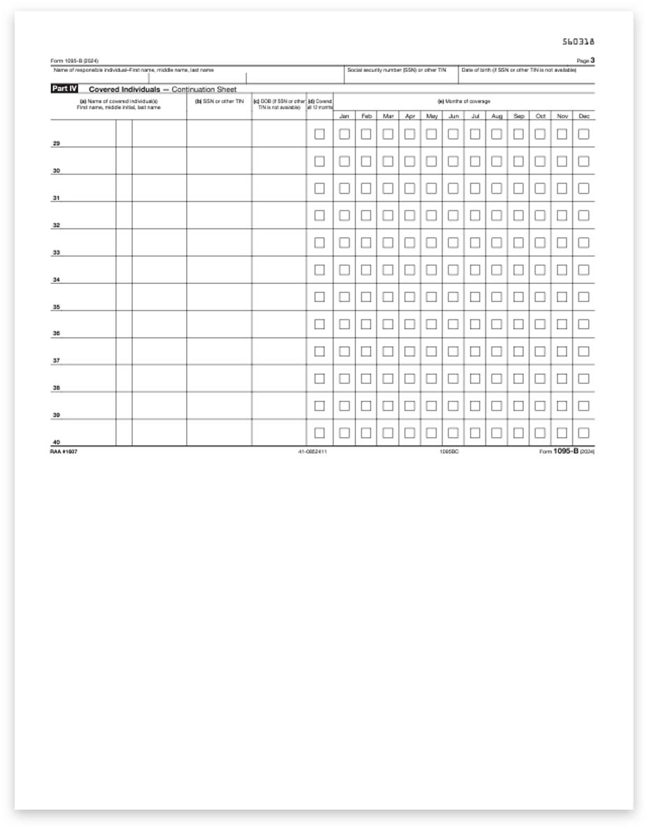 1095B Continuation Form for ACA Health Care Coverage Reporting in 2024 for Self-Insured Employers, Full Sheet Format for ComplyRight Software - DiscountTaxForms.com