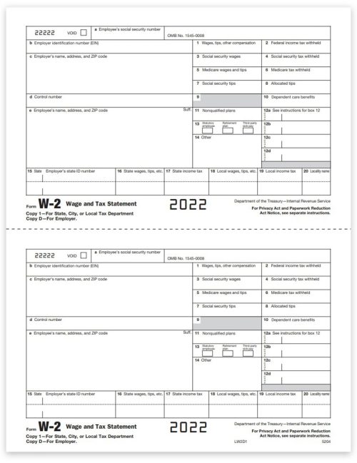 W2 Tax Form Copy D-1 for Employer State, Local or File, Official 2up Preprinted Forms - DiscountTaxForms.com