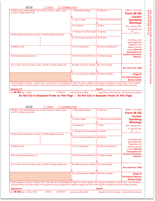 W2G Form Copy A for IRS - Dateless W2G Form for Gambling Winnings - DiscountTaxForms.com
