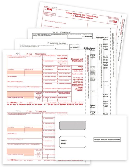 1099DIV Tax Forms for 2022, Order 1099DIV Forms & Envelopes Set with Payer, Recipient Copies, 1096 Form and Security Window Envelopes - DiscountTaxForms.com