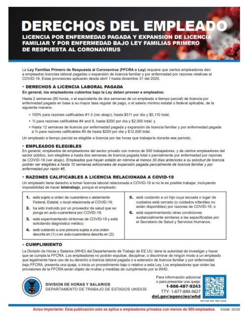 Employee Rights COVID19 Sign Spanish Version - DiscountTaxForms.com