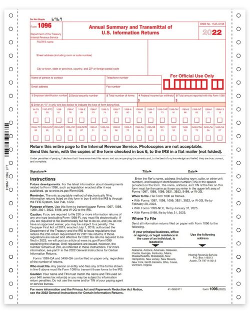 1096 Carbonless Continuous Transmittal Forms for 1099 Filing with the IRS, 2-part for pin-fed printers or typewriters - DiscountTaxForms.com