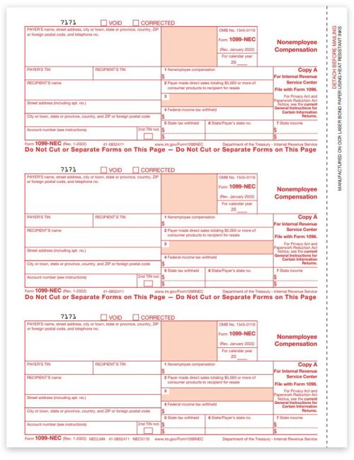 1099NEC Tax Forms, Copy A Payer Federal IRS Filing, Official Red Scannable Preprinted 1099-NEC Forms at Discounts, No Coupon Needed - DiscountTaxForms.com