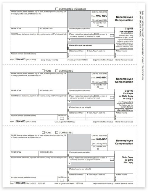 1099NEC Tax Form 3up Recipient Copies B-C-Extra for 2022 Non-Employee Compensation Reporting