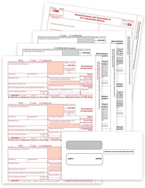 1099NEC Tax Forms and Envelopes Sets for 2022, Payer and Recipient Copies, 1096 forms and Security Envelopes at Discount Prices, No Coupon Code Needed - DiscountTaxForms.com