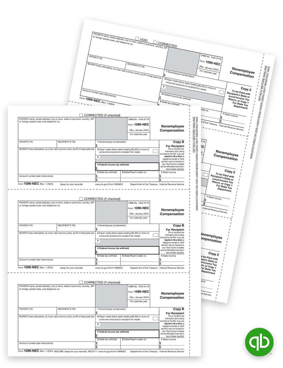 Intuit QuickBooks Compatible 1099NEC Tax Forms Sets for Efilers, with Recipient Copies and Payer State/File Copies, without Copy A forms, Official Preprinted IRS 1099-NEC Forms - DiscountTaxForms.com