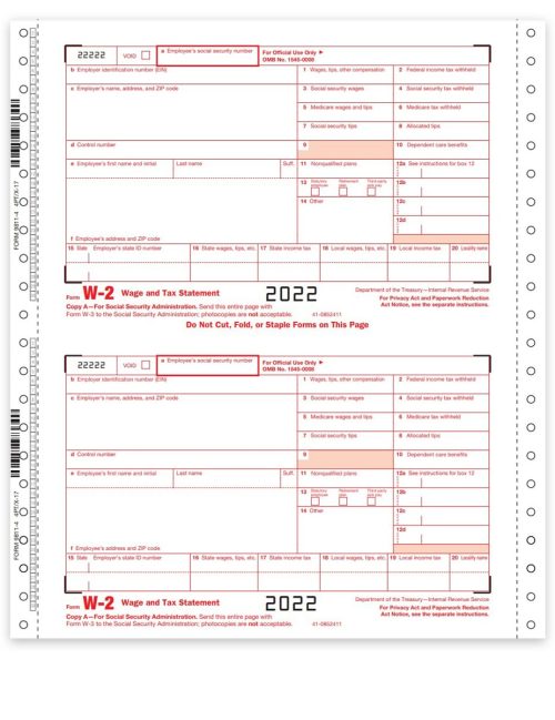 Carbonless W2 Forms, Continuous Format for Pin-Fed Printers or Typewriters, 4- 6- 8-part format options for Employee and Employer W2 Filing - DiscountTaxForms.com