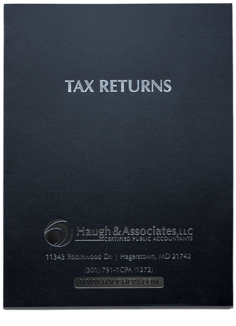 Custom Tax Return Folder with Silver Foil Stamping on Black Paper - DiscountTaxForms.com