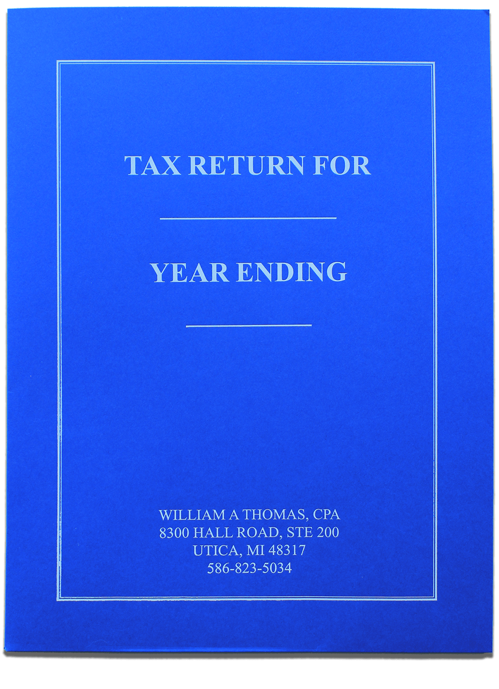 Custom Personalized Tax Folder on Cobalt Blue Paper with White Foil Stamping - DiscountTaxForms.com