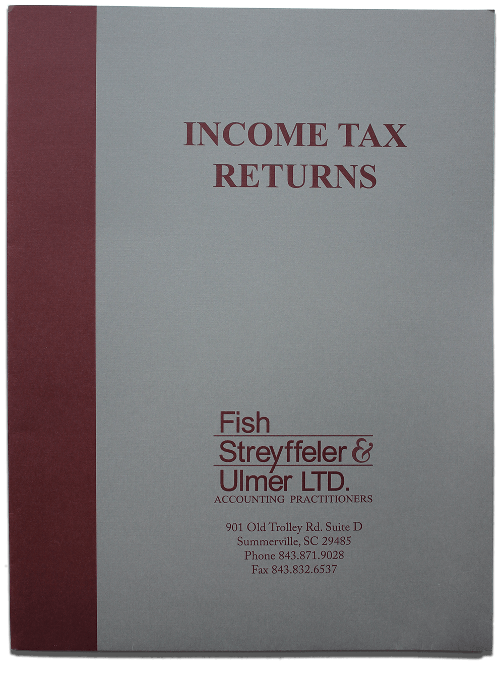 Custom Printed Tax Return Folder with Grey Paper and Burgundy Imprinting Personalized with Name and Logo - DiscountTaxForms.com