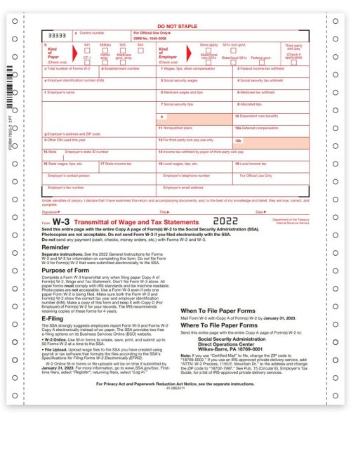 W3 Form, Carbonless Continuous 2-part 1-wide format, W-3 Transmittal Forms for W2 Copy A Filing with the SSA - DiscountTaxForms.com