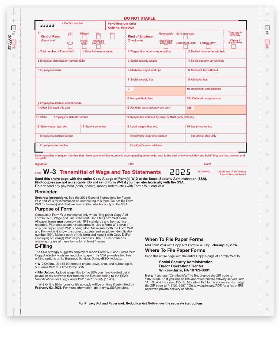 Order W3 Form for 2025, Carbonless Continuous 2-part 1-wide format, W-3 Transmittal Forms for W2 Copy A Filing with the SSA - DiscountTaxForms.com
