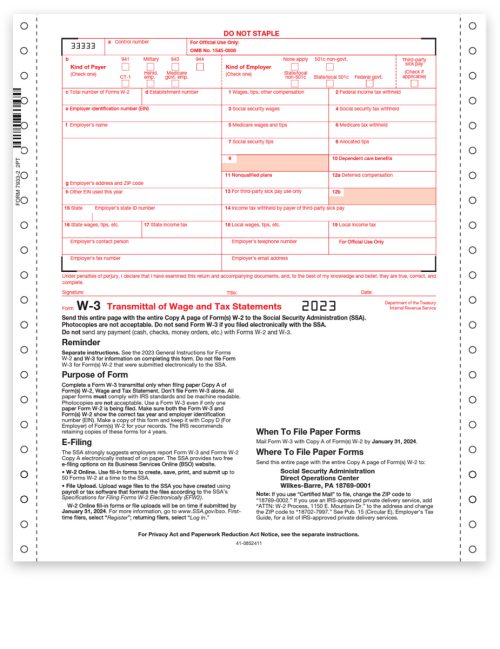 W3 Form for 2023, Carbonless Continuous 2-part 1-wide format, W-3 Transmittal Forms for W2 Copy A Filing with the SSA - DiscountTaxForms.com