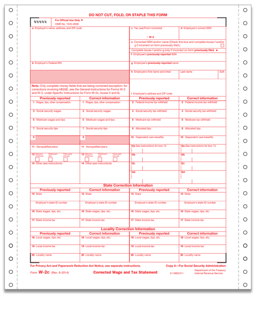 W2C Correction Tax Forms in a Carbonless, Continuous Format for Correcting a W2 Form - DiscountTaxForms.com