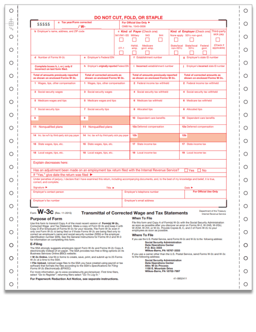 W3C Transmittal Correction Forms in Carbonless Continuous Format with Pin-Fed Perforated Sides - DiscountTaxForms.com