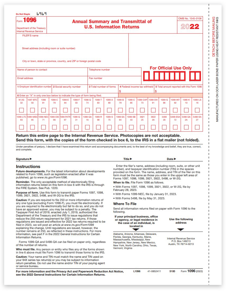 Order 1096 Tax Forms for Summary and Transmittal of 1099 Forms to the IRS - DiscountTaxForms.com