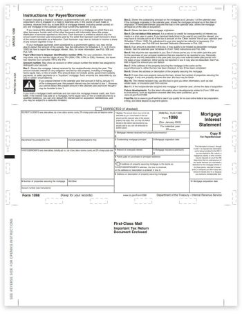 1098 Pressure Seal Tax Forms for Mortgage Interest, 11" Z-fold, Payer Copy B - DiscountTaxForms.com