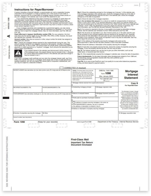 1098 Pressure Seal Tax Forms for Mortgage Interest, 11" Z-fold, Payer Copy B - DiscountTaxForms.com