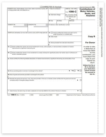 1098C Tax Forms for Vehicle, Boat or Airplane Contributions or Donations in 2022. Official Donor Copy B 1098-C Forms - DiscountTaxForms.com
