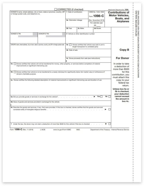 1098C Tax Forms for Vehicle, Boat or Airplane Contributions or Donations in 2022. Official Donor Federal Copy B 1098-C Forms - DiscountTaxForms.com