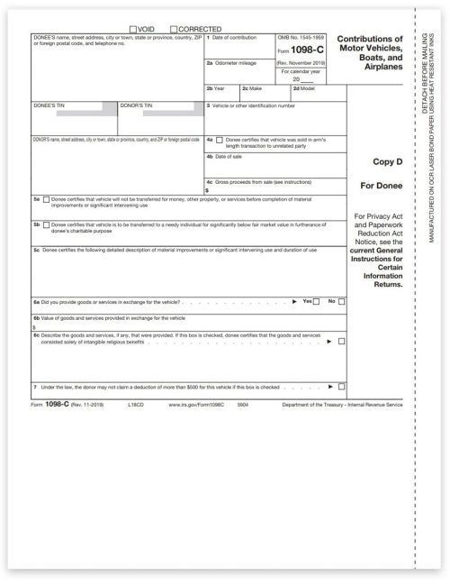 1098C Tax Forms for Vehicle, Boat or Airplane Contributions or Donations in 2022. Official Donee Copy D 1098-C Forms - DiscountTaxForms.com